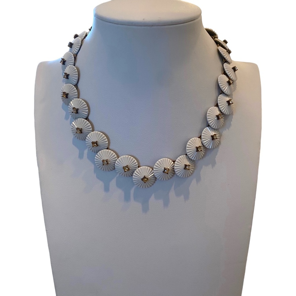 Crown Trifari white disks necklace Milk Glass Rhinestone Necklace Pom Pom Design - Picture 3 of 9